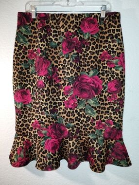 Jemma Skirt Floral Rose Leopard Rose Print Ruffle Hem sz 1X
